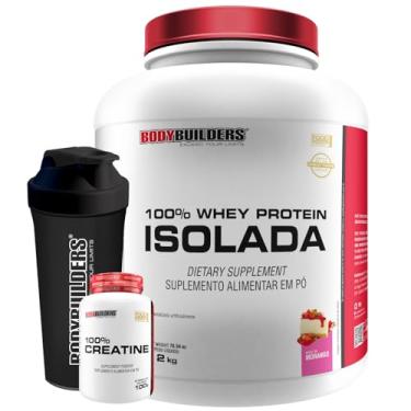 Imagem de Kit Whey Protein 100% Isolada 2kg + 100% Creatina 100g + Coqueteleira - Bodybuilders (Médio, Morango)
