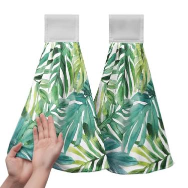 Imagem de Kwlegh Pacote com 2 toalhas de cozinha com folhas de palmeira tropicais com laço para pendurar toalha de mão verde para pendurar toalha de mão macia absorvente toalha de banho decorativa com ponta dos