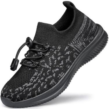 Imagem de HOKYBATM Tênis infantil para meninos e meninas pequenas, leves, respiráveis, atléticos, tênis de corrida, fitness, escola, meias, Preto, cinza, 8.5 Toddler