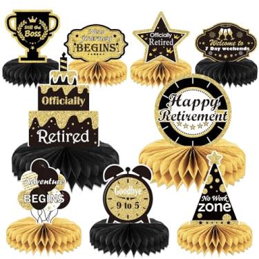 Imagem de 9 peças de decoração de festa de aposentadoria, enfeite dourado para festa de aposentadoria, topos de mesa com glitter em colmeia para festa de aposentadoria, artigos para homens e mulheres