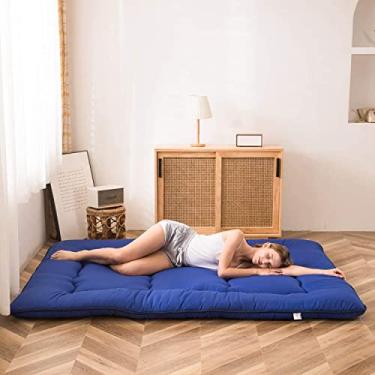 Imagem de MAXYOYO Colchão de chão japonês, colchão futon, almofada de dormir espessa, dobrável, futon de chão para adultos, tapete de tatame, dormitório, espreguiçadeira, azul royal, tamanho casal