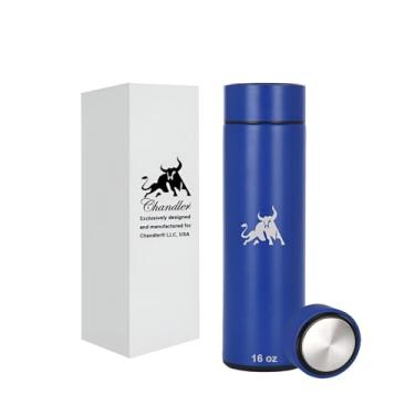 Imagem de Chandler Garrafa de vácuo de aço inoxidável de 473 ml para café quente e frio, chá e bebidas, cabe no carro sem derramamento, tampa de copo isolada com prensa e orifício selado para canudo (azul)