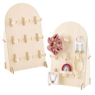 Imagem de PH PandaHall 2 peças de suporte de exibição de madeira em formato de arco, suporte de quadro de pegboard, mesa com 9 ganchos para mostrar joias, colar, faixa de cabeça, chaveiros, 30 x 18 x 10 cm