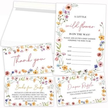 Imagem de LNOKRIM Cartão de convites de flores silvestres, decorações de chá de bebê, convites de chá de bebê de flores, cartões de convite de sorteio de fraldas com envelopes cartões de solicitação de livros