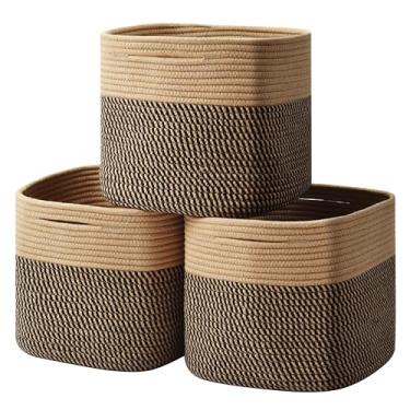 Imagem de Cesta de armazenamento de cubos, pacote com 3 cestas de corda de algodão trançadas, cesta de cubo de 28 cm com alças, ótima para prateleiras, armários, organização de brinquedos infantis (preto e