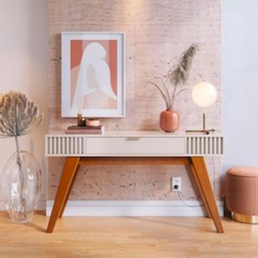 Imagem de Aparador Riviera Mdp Com 1 Gaveta E Pés Em Madeira Maciça Colibri Off White Com Marrom