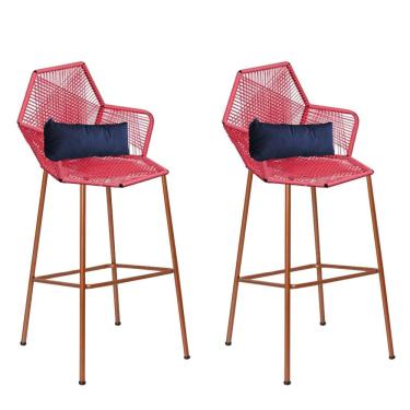 Imagem de Kit 02 Banqueta Alta Sttar Ferro Bronze Fibra Coral Almofada Azul Marinho