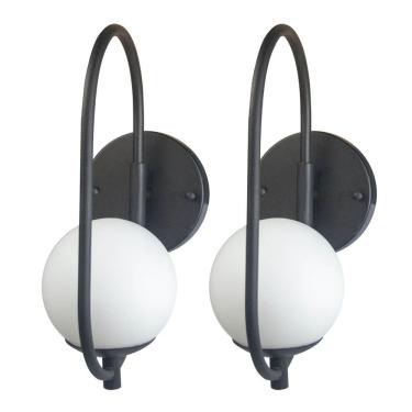 Imagem de Kit 2 Arandela Online Preta Globo De Vidro Branco + Led 5w