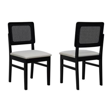 Imagem de Kit 2 Cadeiras Madeira Maciça Lyon Encosto Telinha - Preto Assento Estofado Corano Bege