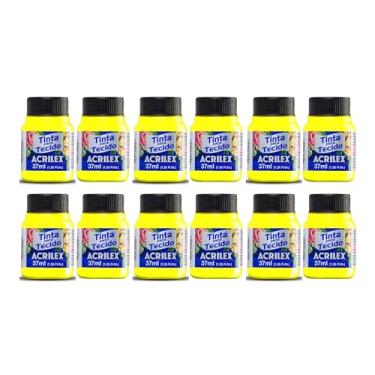 Imagem de Kit Com 12 Tintas Para Tecido Fluorescente Neon Acrilex 37ml Azul Vermelho Maravilha Verde Ouro Limão Fixação a Frio e Alta Cobertura Recomendado Para Tecidos De Algodão Sem Goma É Ideal Para Customização De Roupas, Decoração E Outras Aplicações Artísticas (Amarelo Limão 102)