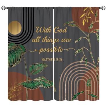 Imagem de Cortinas marrons com versículo bíblico boêmio com citações inspiradoras cristãs para cozinha, sala de estar, palmeira tropical abstrata, cortinas de meados do século para quarto de casa L 106 x C 113