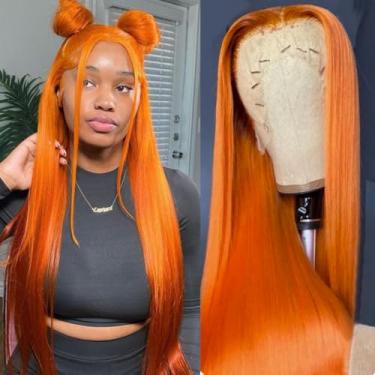 Imagem de GJRainDY Peruca Ruiva - Renda Frontal Sintética Para Mulheres, Longa E Reta, Laranja, Resistente Ao Calor, Castanho Claro, Cosplay, Festa, Halloween, Uso Diário