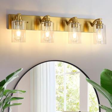 Imagem de ALAISLYC Luminárias De Banheiro Com 4 Luzes, Modernas Luzes Douradas Para Iluminação Sobre Espelho Cúpula Vidro Transparente, Armário Quarto E Corredor