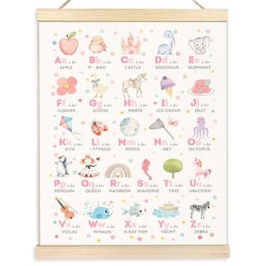 Imagem de BESERH Pôsteres de arte de parede de berçário com alfabeto rosa, decoração de parede de quarto infantil, arte em tela educacional do alfabeto ABC emoldurado para quarto de meninas, berçário, sala de