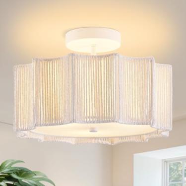 Imagem de SupMaka Luminárias De Teto Em Rattan Supmaka, Luminária Estilo Boho Branca 32 Cm Com Abajur Tecido, Lustre Tambor Boêmio 3 Luzes Para Sala Jantar, Estar, Cozinha E Ilha