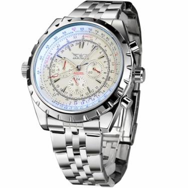 Imagem de FORSINING Relógio de pulso mecânico de aço inoxidável com design de vidro azul preto e prata, Branco