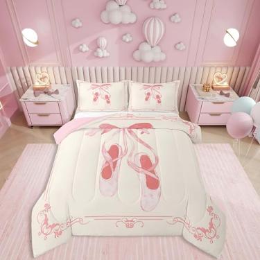 Imagem de Erosebridal Conjunto de edredom vintage com laço rosa coquete, roupa de cama estética para crianças, meninas, sapatos de balé rosa, edredom feminino em aquarela para berçário
