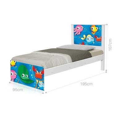 Imagem de Cama Solteiro Com Cabeceira Adesivada Fundo Do Mar Peixinhos