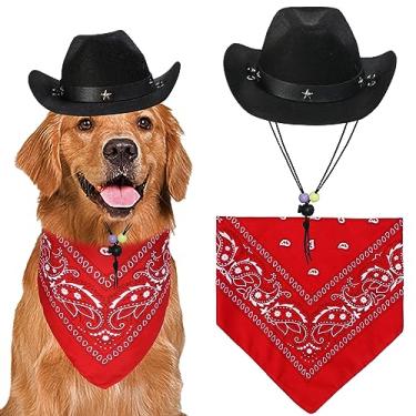 Imagem de GOYOSWA Fantasia de Halloween para cães, fantasia de caubói, chapéu de cowboy de Halloween para cães de Halloween, cachecol de bandana para cães engraçados, fantasias de Halloween para cães pequenos, médios e grandes, animais de estimação (chapéu preto e bandana vermelha, grande)
