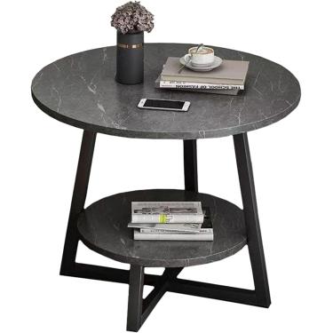Imagem de Mesa lateral redonda de 2 níveis, mesa de canto de mármore falso com prateleira, para sala de estar, quarto - mesa de cabeceira, mesa de cabeceira pequena, preta, 50 cm
