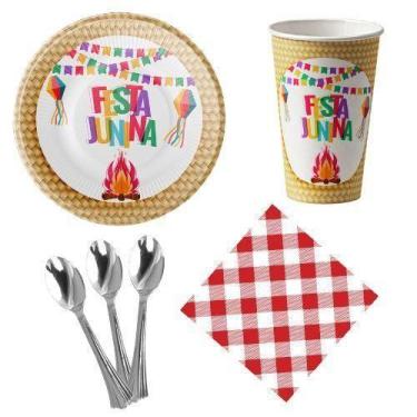 Imagem de Kit 20 Pratos Copos Guardanapos Colher 14Cm Fogueira Junina - Udlandia