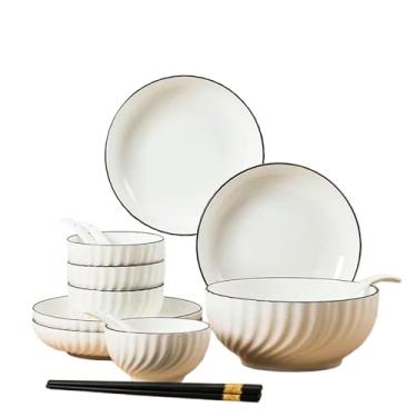 Imagem de Pratos de cerâmica nórdicos redondos simples e práticos resistentes a altas temperaturas - Conjunto de 18 peças com tigela de sopa