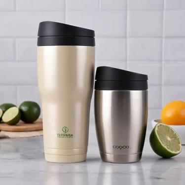 Imagem de Copo Térmico Parede Dupla em Aço Inox Bege 350ml com Tampa Flip - Estilo Casual