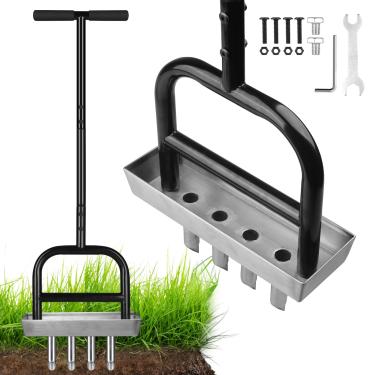 Imagem de Wodesid Ferramenta de aeração de gramado com bandeja de núcleo de solo aerador manual de plugue de jardim 4 plugues de aço inoxidável ferramenta aeradora para jardinagem, cuidados com o gramado