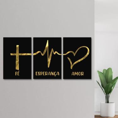 Imagem de Quadros Decorativos Sala Frase Fé Esperança Amor Kit 3 Placa
