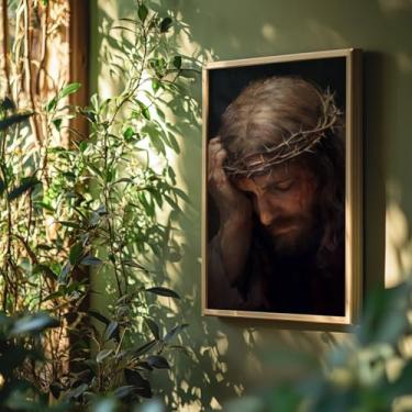 Imagem de Quadro Decorativo Jesus Coroa Espinhos Com Moldura Arte Religiosa Fé Cristã Crucificação Paixão Decoração Lar Igreja