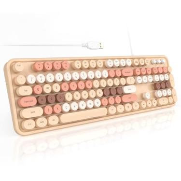 Imagem de SQMD Teclados de computador coloridos com fio, teclado de máquina de escrever de tamanho completo Plug and Play, bonito teclado estético com suportes dobráveis para Windows, PC, laptop (chá de leite)