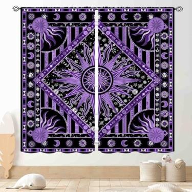 Imagem de Cortinas de mandala hippie, medalhão indiano sol lua bruxa trippy boho paisly floral estética roxa janela tratamentos para quarto, sala de estar, cozinha, 2 painéis, 107 x 114 cm