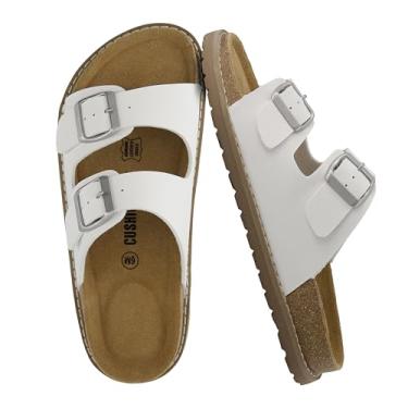 Imagem de CUSHIONAIRE Sandália feminina sem cadarço Plano, 2025, com suporte de arco, tiras ajustáveis e sola costurada – Sandálias femininas planas casuais de verão, Nappa branca, 40