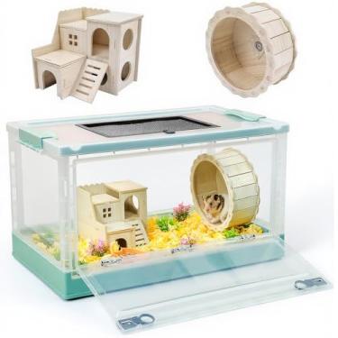 Imagem de Wedoelsim Gaiolas de hamster portáteis e dobráveis com rodas, habitat de castelo e roda de exercícios, fáceis de mover e armazenar, adequadas para porquinhos da índia, ratos e outros animais pequenos (azul, grande)