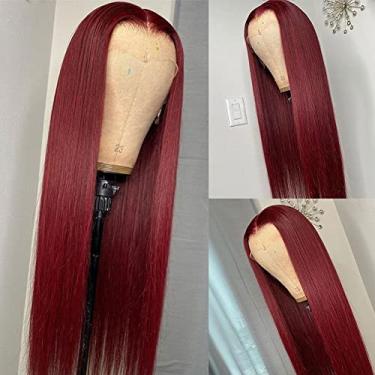 Imagem de 99J vinho vinho tinto sedoso liso transparente 33 x 4 lace frontal perucas de cabelo humano brasileiro pré-aparadas cabelo Remy 180% cabelo virgem perucas para mulheres (66 cm, 33 x 4 lace frontal)