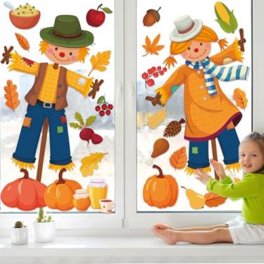 Imagem de 24 peças de decoração extra grande para janela de Ação de Graças, adesivos de janela de espantalho de outono, folhas de abóbora, decalque de janela de vidro para decoração de sala de aula, dia de Ação