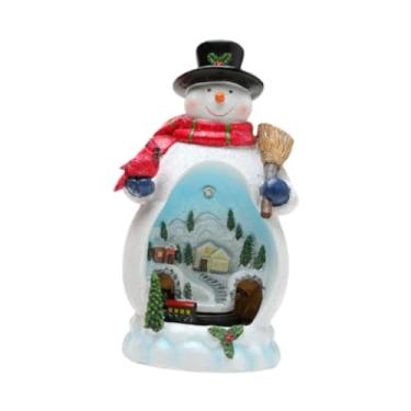 Imagem de Vaveren Estatueta de Natal, enfeite de mesa de resina, decorativo, giratório, musical, LED para dormitório, armário, quarto, prateleira de lareira, Boneco de Neve