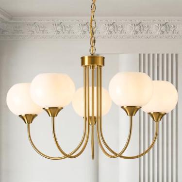 Imagem de FEAZAC Lustre Globo Moderno 5 Luzes Meados do Século Branco Vidro Leite Vintage Sputnik Lustres Pendurados Luminárias Pingente Dourado para Sala de Jantar Cozinha Sala de Estar Quarto