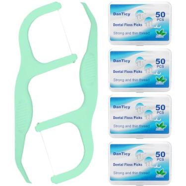 Imagem de Palitos de fio dental extra forte com alça de fácil aderência, palitos de dente profissional limpo, menta fresca, 200 unidades, verde