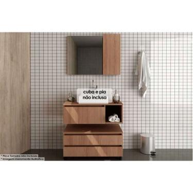 Imagem de Armário c/ Balcão Banheiro Suspenso BN3601 + Rodizios BN3603 s/ Cuba 80cm e Espelho BN3602 Amêndoa - Tecno Mobili