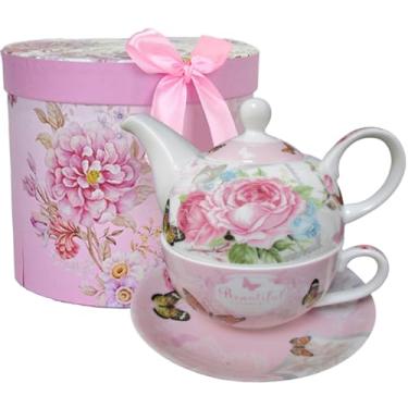 Imagem de ONEUSTAR Conjunto de chá para um bule de chá floral de porcelana e pires para mulheres, chá da tarde, presente de dia das mães, em caixa de presente reutilizável, rosa e flor rosa