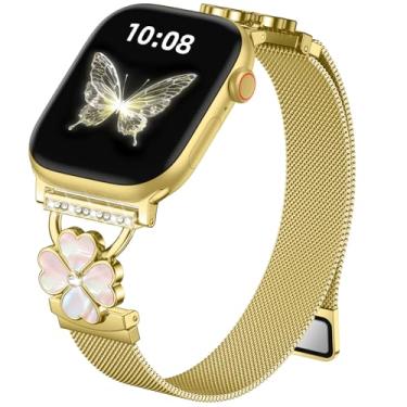 Imagem de Pulseira fina milanesa compatível com Apple Watch séries 10, 9, 8, 7, 6, 5, 4, 3, 2 e 1 de 44 mm, 45 mm, 46 mm, 49 mm e 42 mm, ultra SE, dourada