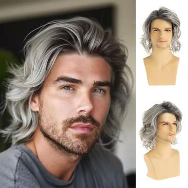Imagem de Sallcks Peruca masculina curta encaracolada cinza aparência natural Ombre peruca de cabelo cinza com raízes escuras para festa diária Halloween