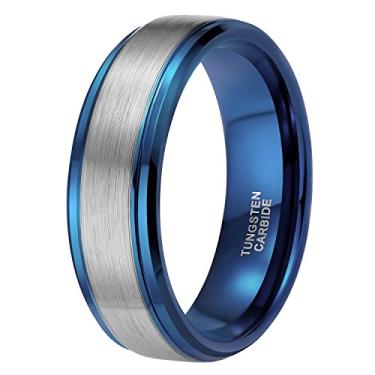 Imagem de Aliança de casamento masculina de tungstênio azul de 8 mm escovada, dois tons, alto polimento, ajuste confortável (7), Prata, tungstênio, carboneto de tungstênio, Na