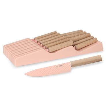 Imagem de Conjunto de facas de cozinha na gaveta, conjunto de 12 peças de blocos de facas com organizador de facas na gaveta, conjunto de facas de chef de aço inoxidável afiadas e antiaderentes, conjunto de