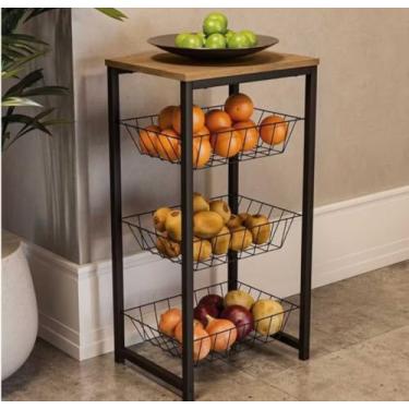 Imagem de Fruteira de Chão Para Cozinha com 3 Cestos, Prateleira Superior em Madeira, Estrutura em Metal Preto, Organizador para Frutas e Legumes
