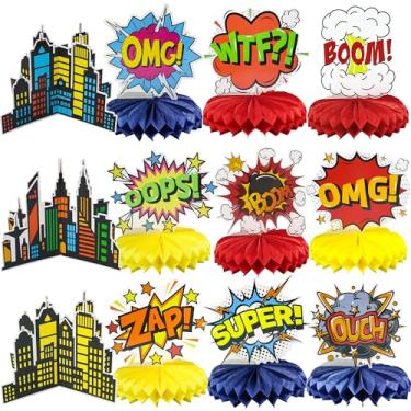 Imagem de Gyufise 12Pcs Hero Party Decoration Hero Honeycomb Centerpieces 3D Table Topper Paper Large Word Centerpieces Fun Action Sign Standing Card for Birthday Baby Shower Decor Supplies