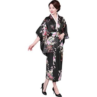Imagem de EXPOING Kimonos for Women Japanese costumes with Belt Elegant Long Sleeve Traditional Style Dresses Geisha Yukata Cosplay (One Size, Black)