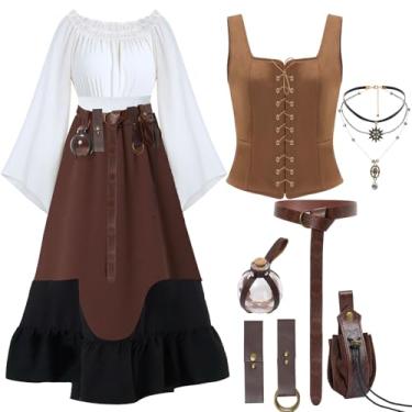 Imagem de JaGely 8 peças de fantasia renascentista feminina de Halloween vestido medieval com espartilho poção garrafa cinto bolsa moeda colar (marrom, 2GG)
