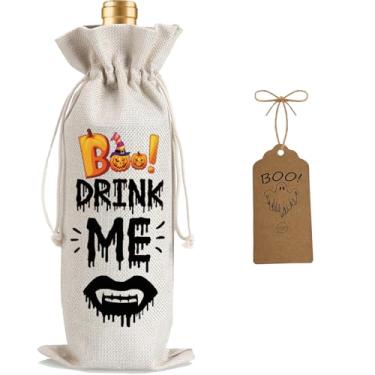 Imagem de Julont 1 bolsa de vinho Drink Me Gifts, sacola de vinho Happy Halloween, decorações de festa de Halloween com 1 cartão de bênção Kraft e corda de juta natural